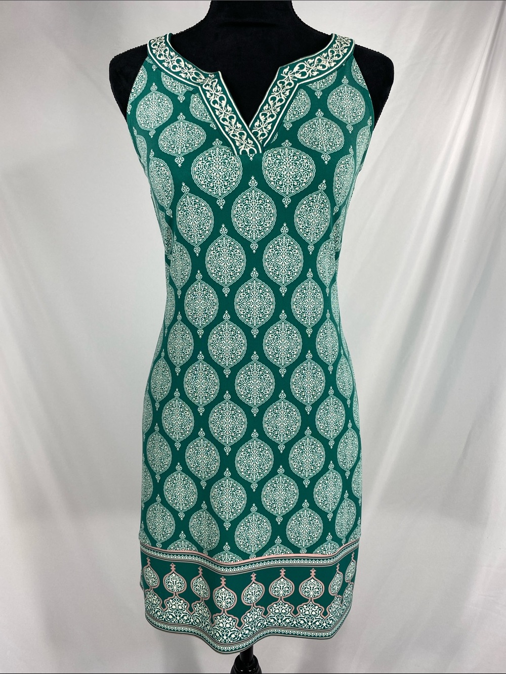 Magnolia Grace Alhambra Embroidered Trim Dress Green XS Petite Boho Shift NWT